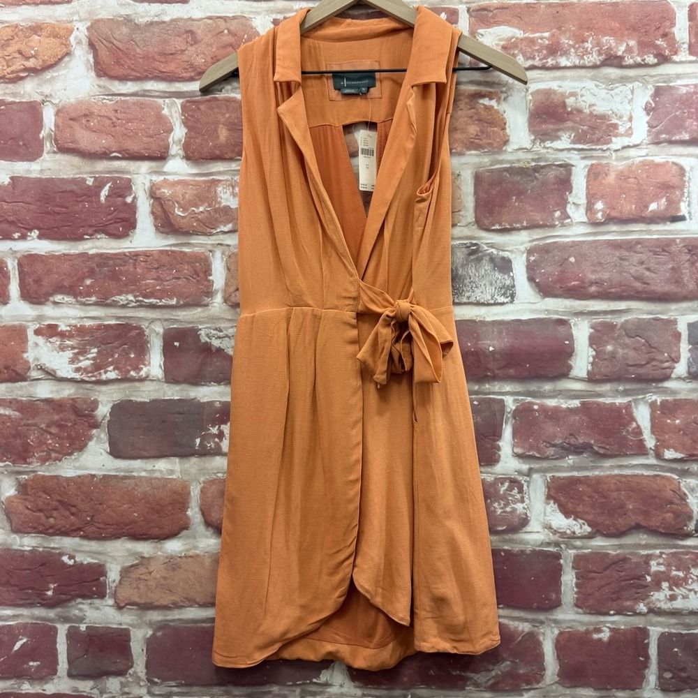 Anthropologie Linen Wrap Mini Dress Women's XS Orange Pocketed Casual Sundress